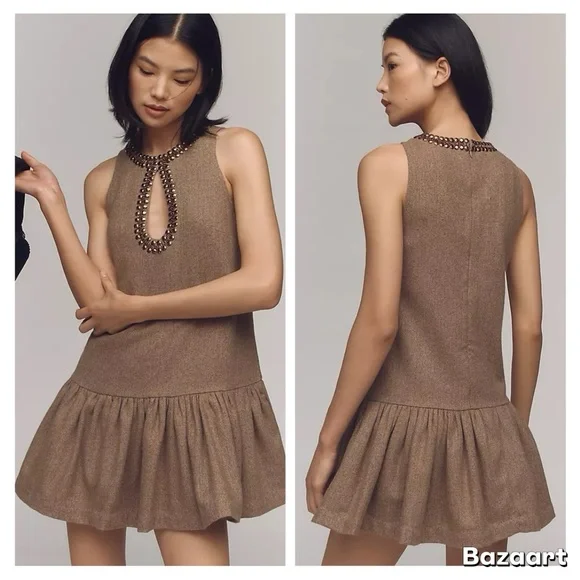 NWT By Anthropologie Beaded Keyhole Sleeveless Mini Dress Sz L - Picture 1 of 15